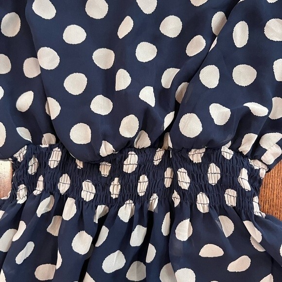 Navy and mocha polka dot smocked waist dress size small - Picture 4 of 5